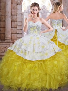 Customized Yellow And White Sleeveless Beading and Appliques and Ruffles Floor Length Quinceanera Gown