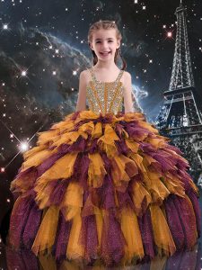 Hot Selling Sleeveless Floor Length Beading and Ruffles Lace Up Little Girl Pageant Gowns with Orange