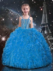 Baby Blue Straps Lace Up Beading and Ruffles Pageant Dress Toddler Sleeveless