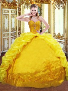 Charming Gold Taffeta Lace Up Sweetheart Sleeveless Quinceanera Gowns Brush Train Beading and Embroidery and Pick Ups