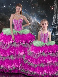 Fantastic Multi-color Ball Gowns Sweetheart Sleeveless Organza Floor Length Lace Up Beading and Ruffles Sweet 16 Dresses