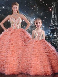 Comfortable Watermelon Red Lace Up Sweetheart Beading and Ruffles Quinceanera Dress Tulle Sleeveless