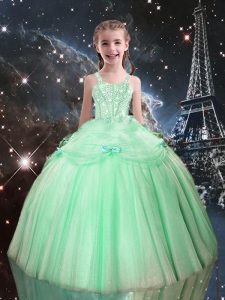 Apple Green Tulle Lace Up Straps Sleeveless Floor Length Girls Pageant Dresses Beading