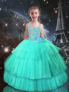 Graceful Turquoise Ball Gowns Beading Pageant Dress Wholesale Lace Up Tulle Sleeveless Floor Length