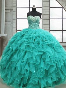 Floor Length Turquoise Quince Ball Gowns Sweetheart Sleeveless Lace Up