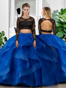 Glittering Blue Long Sleeves Lace and Ruffles Floor Length Quinceanera Dress