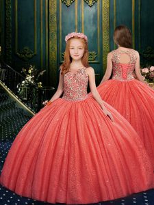Watermelon Red Lace Up Scoop Appliques Little Girl Pageant Gowns Tulle Sleeveless