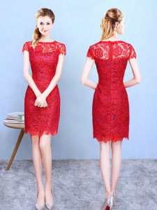 Enchanting Column/Sheath Quinceanera Dama Dress Red Bateau Lace Short Sleeves Knee Length Zipper