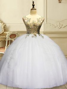 Excellent White Ball Gowns Scoop Sleeveless Organza Floor Length Lace Up Appliques and Ruffles Ball Gown Prom Dress