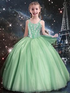 Apple Green Ball Gowns Straps Sleeveless Tulle Floor Length Lace Up Beading Pageant Dress Wholesale