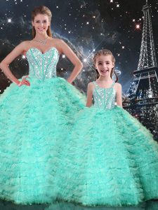 Apple Green Ball Gowns Tulle Sweetheart Sleeveless Beading and Ruffles Floor Length Lace Up Ball Gown Prom Dress
