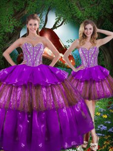Multi-color Ball Gowns Sweetheart Sleeveless Organza Floor Length Lace Up Beading and Ruffled Layers and Sequins Sweet 16 Dresses