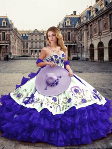 Customized Sleeveless Organza Floor Length Lace Up Quinceanera Gowns in Purple with Embroidery and Ruffled Layers