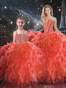 Custom Made Coral Red Ball Gowns Beading and Ruffles 15 Quinceanera Dress Lace Up Organza Sleeveless Floor Length