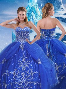 Blue Sweetheart Neckline Beading and Appliques 15th Birthday Dress Sleeveless Lace Up