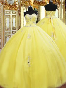 Yellow Tulle Lace Up 15th Birthday Dress Sleeveless Floor Length Beading and Appliques