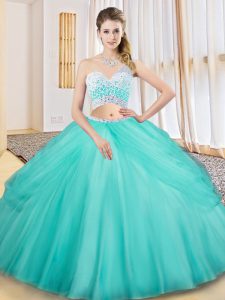 Aqua Blue Two Pieces One Shoulder Sleeveless Tulle Floor Length Criss Cross Beading and Ruching and Pick Ups Sweet 16 Quinceanera Dress