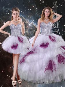 Cheap Sleeveless Tulle Floor Length Zipper Quinceanera Gowns in Multi-color with Beading and Ruffled Layers and Sequins