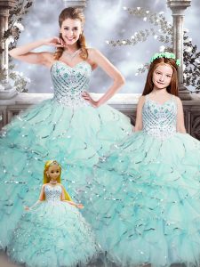 Comfortable Aqua Blue Lace Up Sweetheart Beading and Ruffles Quinceanera Dresses Organza Sleeveless