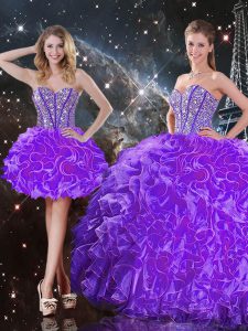 Glamorous Sweetheart Sleeveless 15th Birthday Dress Floor Length Beading and Ruffles Eggplant Purple Organza