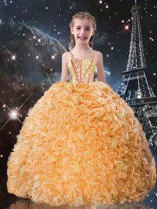 Best Floor Length Ball Gowns Sleeveless Gold Pageant Dress for Girls Lace Up