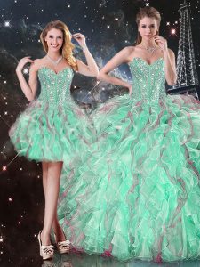 Turquoise Ball Gowns Organza Sweetheart Sleeveless Beading and Ruffles Floor Length Lace Up 15th Birthday Dress