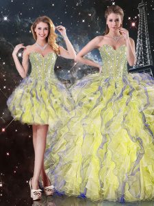 Pretty Yellow Sleeveless Organza Lace Up Quinceanera Dress for Military Ball and Sweet 16 and Quinceanera