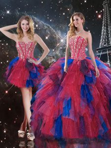 Eye-catching Sweetheart Sleeveless Tulle Vestidos de Quinceanera Beading and Ruffles Lace Up