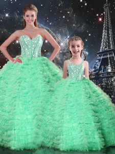 Dazzling Turquoise Tulle Lace Up Vestidos de Quinceanera Sleeveless Floor Length Beading and Ruffles
