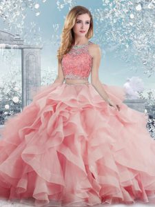 Baby Pink Sleeveless Floor Length Beading and Ruffles Clasp Handle Ball Gown Prom Dress