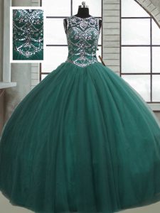 Sumptuous Dark Green Sleeveless Floor Length Beading Lace Up Quinceanera Dresses
