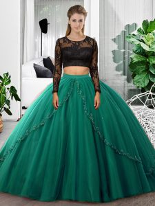 Superior Scoop Long Sleeves Quince Ball Gowns Floor Length Lace and Ruching Dark Green Tulle