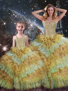 Flirting Sweetheart Sleeveless 15th Birthday Dress Floor Length Beading and Ruffled Layers and Sequins Multi-color Organza