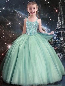 Top Selling Floor Length Lace Up Kids Pageant Dress Turquoise for Quinceanera and Wedding Party with Beading