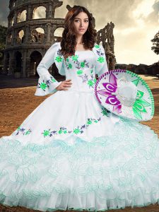 Top Selling White Organza Lace Up Square Long Sleeves Floor Length Quinceanera Gowns Embroidery and Ruffled Layers