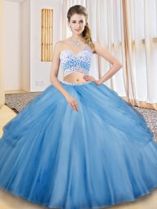 Sleeveless Floor Length Beading and Ruching and Pick Ups Criss Cross Quinceanera Dresses with Baby Blue