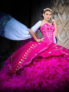 Fuchsia Sweetheart Lace Up Embroidery and Ruffles Ball Gown Prom Dress Brush Train Sleeveless