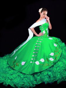 Deluxe Green Lace Up Ball Gown Prom Dress Embroidery and Ruffles Sleeveless Brush Train