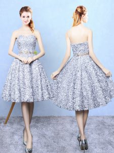 Grey Sleeveless Printed Lace Up Damas Dress for Prom and Party and Wedding Party
