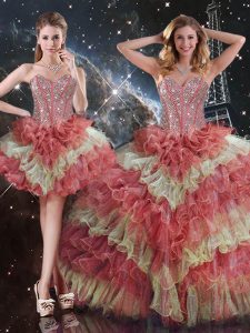 Flare Sleeveless Organza Floor Length Lace Up 15th Birthday Dress in Multi-color with Beading and Ruffled Layers