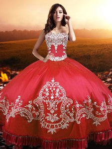 Most Popular Floor Length Coral Red Quinceanera Gown Taffeta Sleeveless Beading and Appliques and Embroidery