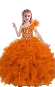 Orange Red Organza Lace Up Kids Pageant Dress Sleeveless Floor Length Beading and Ruffles