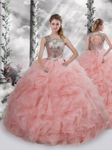 Pretty Baby Pink Sleeveless Organza Lace Up Sweet 16 Dress for Military Ball and Sweet 16 and Quinceanera