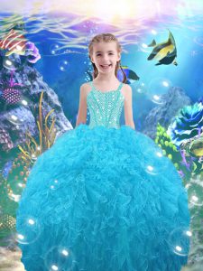 Perfect Aqua Blue Kids Pageant Dress Quinceanera and Wedding Party with Beading and Ruffles Straps Sleeveless Lace Up