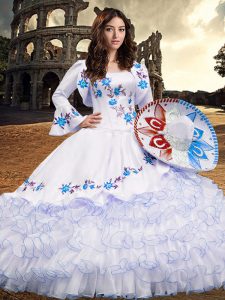 Fashion Baby Blue Lace Up Square Embroidery and Ruffled Layers Ball Gown Prom Dress Organza Long Sleeves