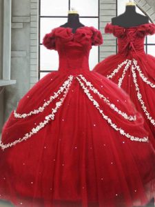 Off The Shoulder Sleeveless Brush Train Lace Up Quince Ball Gowns Wine Red Tulle
