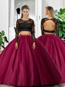 High End Lace and Ruching Quinceanera Dresses Fuchsia Backless Long Sleeves Floor Length