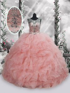 Floor Length Baby Pink Quinceanera Gowns Organza Sleeveless Beading and Ruffles