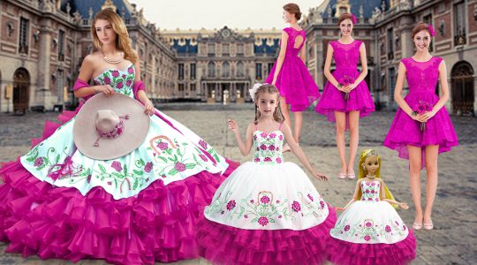 Artistic Fuchsia Ball Gowns Embroidery and Ruffled Layers Quinceanera Gown Lace Up Organza Sleeveless Floor Length