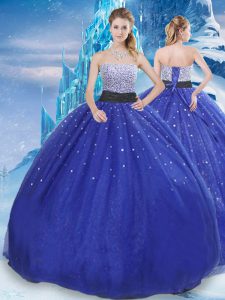 Lovely Sleeveless Floor Length Beading and Sequins Lace Up Sweet 16 Dresses with Royal Blue